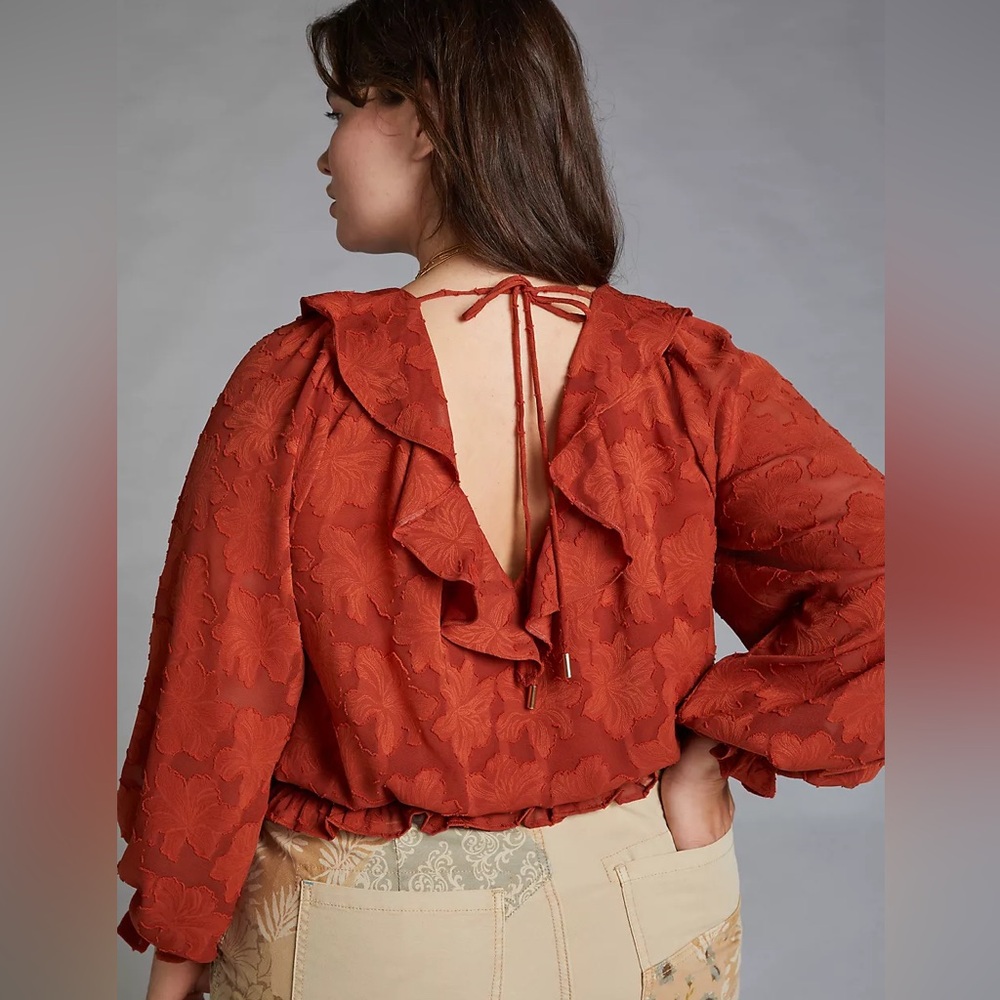 Anthropologie Textured Ruffle Floral Blouse | Rust Red